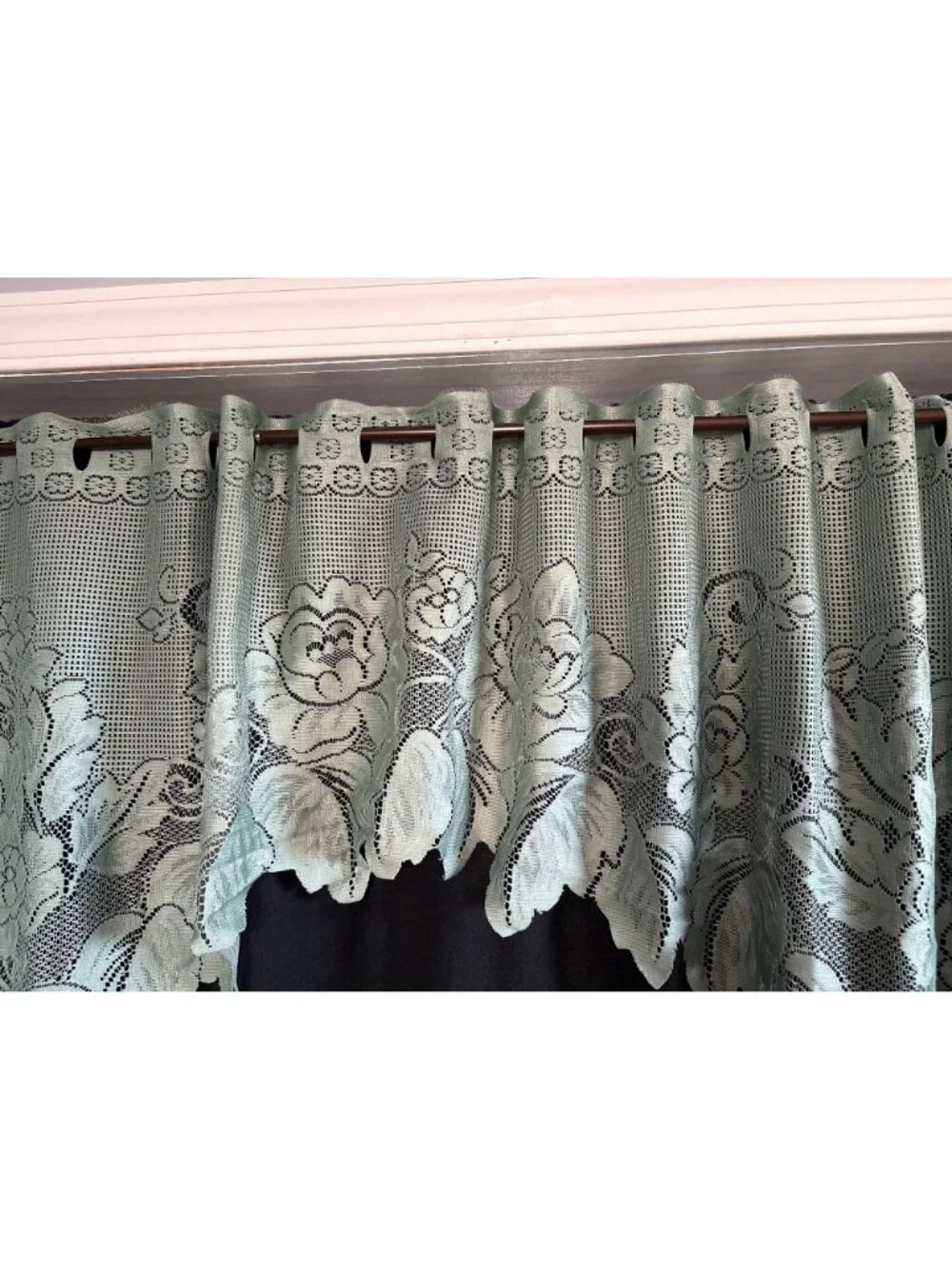 National Curtain 60x24in Lace Valance Sheer Floral Scalloped Edge Green